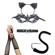 CarnivalSexy Princess Cat Dress Black Lace Mask Cat's Ears (Steamed Cat-ear Shaped Bread) Hair Hoop Dance Mask Set