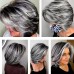 Short Dark Gray Bob Wigs Wavy Layered Bob Wig with Curtain Bangs for Women Synthetic Highlight Sliver Ombre Grey Bob Wig Pixie Cut Wig Gray Hair Wigs for Women Black Mixed Gray Wavy Wig