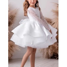 Kids Little Girls' Dress Polka Dot Solid Colored A Line Dress Performance Ruched Mesh White Tulle Above Knee Long Sleeve Princess Sweet Dresses Fall Spring Regular Fit 3-12 Years