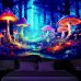 Mushroom Forest Blacklight Tapestry UV Reactive Glow in the Dark Trippy Psychedelic Misty Nature Landscape Hanging Tapestry Wall Art Mural for Living Room Bedroom