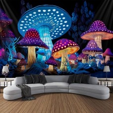 Mushroom Fantasy Blacklight Tapestry UV Reactive Glow in the Dark Trippy Misty Nature Landscape Hanging Tapestry Wall Art Mural for Living Room Bedroom