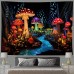 Mushroom Fantasy Blacklight Tapestry UV Reactive Glow in the Dark Trippy Misty Nature Landscape Hanging Tapestry Wall Art Mural for Living Room Bedroom