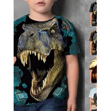 Kids Boys' T shirt Tee Short Sleeve Dinosaur 3D Print Color Block Animal Crewneck Quick Dry Blue Yellow Khaki Children Tops Summer Basic Streetwear 3-12 Years