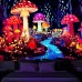 Mushroom Fantasy Blacklight Tapestry UV Reactive Glow in the Dark Trippy Misty Nature Landscape Hanging Tapestry Wall Art Mural for Living Room Bedroom