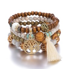 Tree & Tassel Charm Beaded Bracelet Handmade Bohemian Style Multi-layer Wooden Bead Beaded Bracelet Elastic Bracelet Hand Jewelry