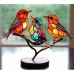 Stained Birds On Branch Desktop Ornaments,Metal Flat Vivid Birds Decorations On Branch,Double Sided Multicolor Hummingbird Craft Statue Table Gift for Bird Lovers