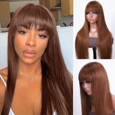 Remy Human Hair Wig Natural Straight With Bangs Medium Brown4 Machine Made Vietnamese Hair Women's Black 28 inch Daily Wear Valentine's Day Birthday