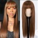 Remy Human Hair Wig Natural Straight With Bangs Medium Brown4 Machine Made Vietnamese Hair Women's Black 28 inch Daily Wear Valentine's Day Birthday