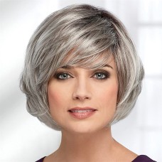 Haute Bob Wig with Brow-Skimming Bangs and Angled Layers / Multi-Tonal Shades of Blonde Silver Brown and Red