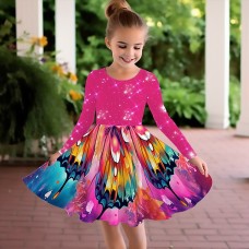 Girls' 3D Graphic Butterfly Dress Long Sleeve 3D Print Summer Fall Sports & Outdoor Daily Holiday Cute Casual Beautiful Kids 3-12 Years Casual Dress A Line Dress Above Knee Polyester Regular Fit