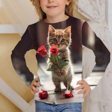 Girls' 3D Graphic Cartoon Cat T shirt Tee Long Sleeve 3D Print Summer Fall Active Fashion Cute Polyester Kids 3-12 Years Outdoor Casual Daily Regular Fit