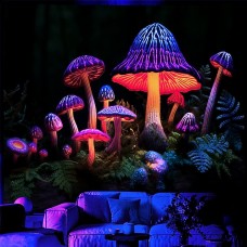 Quilting Art Blacklight Tapestry UV Reactive Glow in the Dark Trippy Mountain Misty Mushroom Nature Landscape Hanging Tapestry Wall Art Mural for Living Room Bedroom