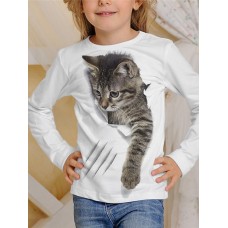 Kids Girls' T shirt Long Sleeve 3D Print Animal Cat White Black Gray Children Tops Fall Winter Active Sports Fashion Outdoor Daily Indoor Regular Fit 3-12 Years