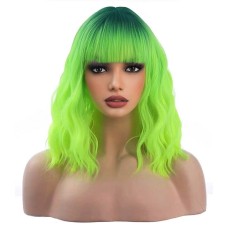 Ombre Green Wigs for Women 14 Inches Short Wavy Neon Green Wig With Bangs Fluorescent Green Short Wigs for Cosplay Party Daily Wigs Wig Cap Included Christmas Party Wigs