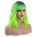 Ombre Green Wigs for Women 14 Inches Short Wavy Neon Green Wig With Bangs Fluorescent Green Short Wigs for Cosplay Party Daily Wigs Wig Cap Included Christmas Party Wigs