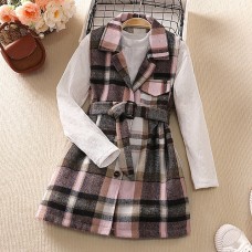 2 Pieces Kids Girls' Plaid Dress Suits Set Long Sleeve Active Outdoor 7-13 Years Winter Pink