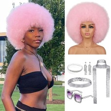 Wig 70s Afro Wig for Black Women Glueless Wear and Go Wig Dark Blue Color Costume Halloween Wigs with 5 Pieces Disco Accessories Women's Hijab Earrings Bracelet