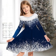 Kids Girls' Dress Snowflake Long Sleeve Casual Fur Trim Crewneck Adorable Daily Polyester Above Knee Casual Dress Swing Dress A Line Dress Fall Winter 2-13 Years Wine Red Blue