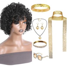 Synthetic Wig Afro Curly With Bangs Machine Made Wig Short Black Synthetic Hair Women's Cosplay Party Paired With Disco Necklace, Earrings, Ring And Sunglasses For Hen Party