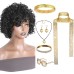 Synthetic Wig Afro Curly With Bangs Machine Made Wig Short Black Synthetic Hair Women's Cosplay Party Paired With Disco Necklace, Earrings, Ring And Sunglasses For Hen Party