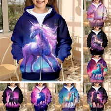 Girls' 3D Unicorn Hoodie Coat Outerwear Long Sleeve 3D Print Fall Winter Active Fashion Cute Polyester Kids 3-12 Years Outdoor Casual Daily Regular Fit