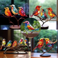 Stained Birds On Branch Desktop Ornaments,Metal Flat Vivid Birds Decorations On Branch,Double Sided Multicolor Hummingbird Craft Statue Table Gift for Bird Lovers