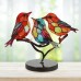 Stained Birds On Branch Desktop Ornaments,Metal Flat Vivid Birds Decorations On Branch,Double Sided Multicolor Hummingbird Craft Statue Table Gift for Bird Lovers