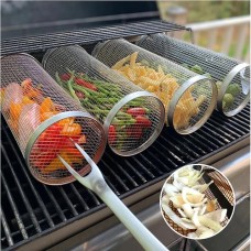 Rolling Grill Basket - SUS304 Stainless Steel Barbecue Cooking Grill Grate - Outdoor Round BBQ Campfire Grill Grid - Camping Picnic Cookware