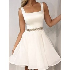 A-Line Mini Homecoming Dress Minimalist Elegant Cocktail Party Dress Scoop Neck Sleeveless Short / Mini Satin With Sash Blet 2023