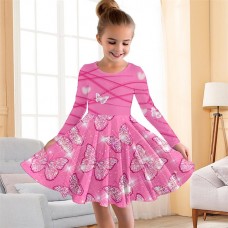 Girls' 3D Pink Butterfly Dress Long Sleeve 3D Print Fall Winter Sports & Outdoor Daily Holiday Cute Casual Beautiful Kids 3-12 Years Casual Dress A Line Dress Above Knee Polyester Regular Fit