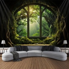 Window View Forest Hanging Tapestry Wall Art Large Tapestry Mural Decor Photograph Backdrop Blanket Curtain Home Bedroom Living Room Decoration