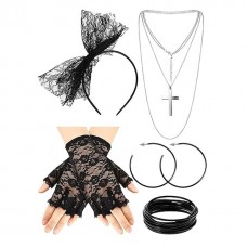 Halloween Hot Selling 80s Theme Ball Set Lace Bow Headband Gloves Cross Necklace Set