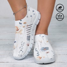 Women's Floral Graphic Print Breathable Soft Lightweight Slip-on Flying Woven Sneakers