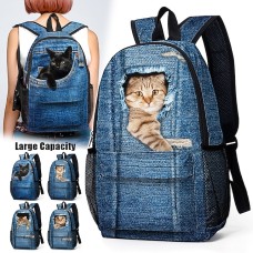 Women's Backpack School Bag Bookbag 3D Print Commuter Backpack School Daily Cat Polyester Large Capacity Lightweight Durable Zipper Print Navy Blue Blue Sky Blue