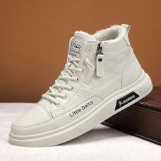 Men's Sneakers Skate Shoes High Top Sneakers Fleece lined Walking Casual Athletic PU Warm Slip Resistant Zipper Elastic Band Black Beige Winter