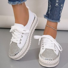 Women's Sneakers Flats Bling Bling Shoes Plus Size Platform Sneakers Party Outdoor Daily Solid Color Summer Rhinestone Flat Heel Round Toe Fashion Casual Minimalism PU Lace-up White Silver