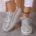 Women's Sneakers Flats Bling Bling Shoes Plus Size Platform Sneakers Party Outdoor Daily Solid Color Summer Rhinestone Flat Heel Round Toe Fashion Casual Minimalism PU Lace-up White Silver