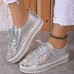 Women's Sneakers Flats Bling Bling Shoes Plus Size Platform Sneakers Party Outdoor Daily Solid Color Summer Rhinestone Flat Heel Round Toe Fashion Casual Minimalism PU Lace-up White Silver