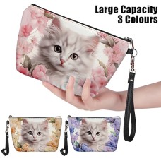 Women's Makeup Bag Pen Bag Wristlet Cosmetic Bag PU Leather Daily Holiday Travel Print Large Capacity Lightweight Durable Cat Flowers Yellow Pink Blue