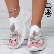 Women's Sneakers Slip-Ons Plus Size Flyknit Shoes Outdoor Daily Floral Cat Summer Winter Flat Heel Round Toe Closed Toe Fashion Casual Tissage Volant Loafer Pink