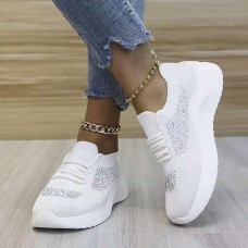 Women's Sneakers Bling Bling Shoes Plus Size Flyknit Shoes Outdoor Athletic Daily Solid Color Rhinestone Flat Heel Round Toe Sporty Classic Casual Running Tennis Shoes Walking Tissage Volant Loafer