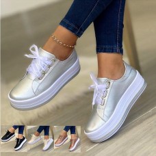 Women's Sneakers Plus Size Platform Sneakers White Shoes Daily Solid Color Summer Spring Fall Platform Flat Heel Round Toe Sporty Casual Walking PU Lace-up Silver Dark Red Black