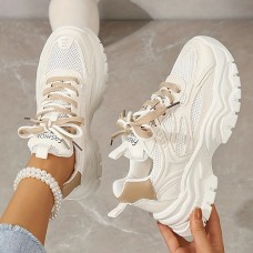 Women's Sneakers White Shoes Driving Shoes Dad Shoes White Shoes Outdoor Daily Solid Color Color Block Summer Flat Heel Wedge Heel Round Toe Casual Comfort Preppy Running Tennis Shoes PU Lace-up Beige