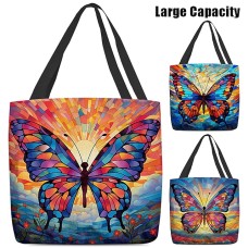 Women's Tote Shoulder Bag Canvas Tote Bag Colorful Butterfly Glass Oil Painting Style Polyester Outdoor Shopping Daily Print Large Capacity Foldable Lightweight Green