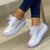 Women's Sneakers Platform Sneakers Daily Solid Color Spring Fall Platform Flat Heel Round Toe Sporty Casual Walking PU Lace-up Silver With Lightweight Button Switch Buckle Shoelaces Nylon Shoelace