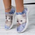 Women's Sneakers Slip-Ons Print Shoes Animal Print Flyknit Shoes Outdoor Daily Cat 3D Flat Heel Fashion Casual Tissage Volant Pink Blue Green