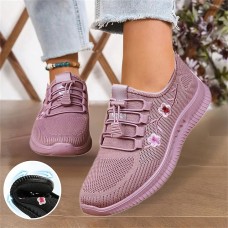 Women's Sneakers Flyknit Shoes Comfort Shoes Outdoor Daily Floral Embroidered Summer Flat Heel Round Toe Cute Casual Comfort Running Tissage Volant Elastic Band Black Pink Gray