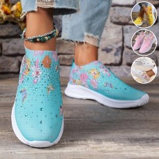 Women's Sneakers Slip-Ons Print Shoes Glitter Crystal Sequined Jeweled Plus Size Party Outdoor Daily Floral Rhinestone Sparkling Glitter Flat Heel Fashion Sporty Casual Tissage Volant White Yellow