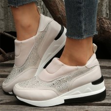 Women's Sneakers Plus Size Comfort Shoes Daily Indoor Solid Color Rhinestone Wedge Heel Round Toe Fashion Sporty Casual Faux Leather Loafer Black Pink