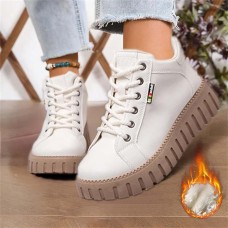 Women's Sneakers Boots White Shoes High Top Sneakers Daily Solid Color Fleece Lined Booties Ankle Boots Winter Flat Heel Round Toe Plush Casual Minimalism Running Walking PU Lace-up Black White